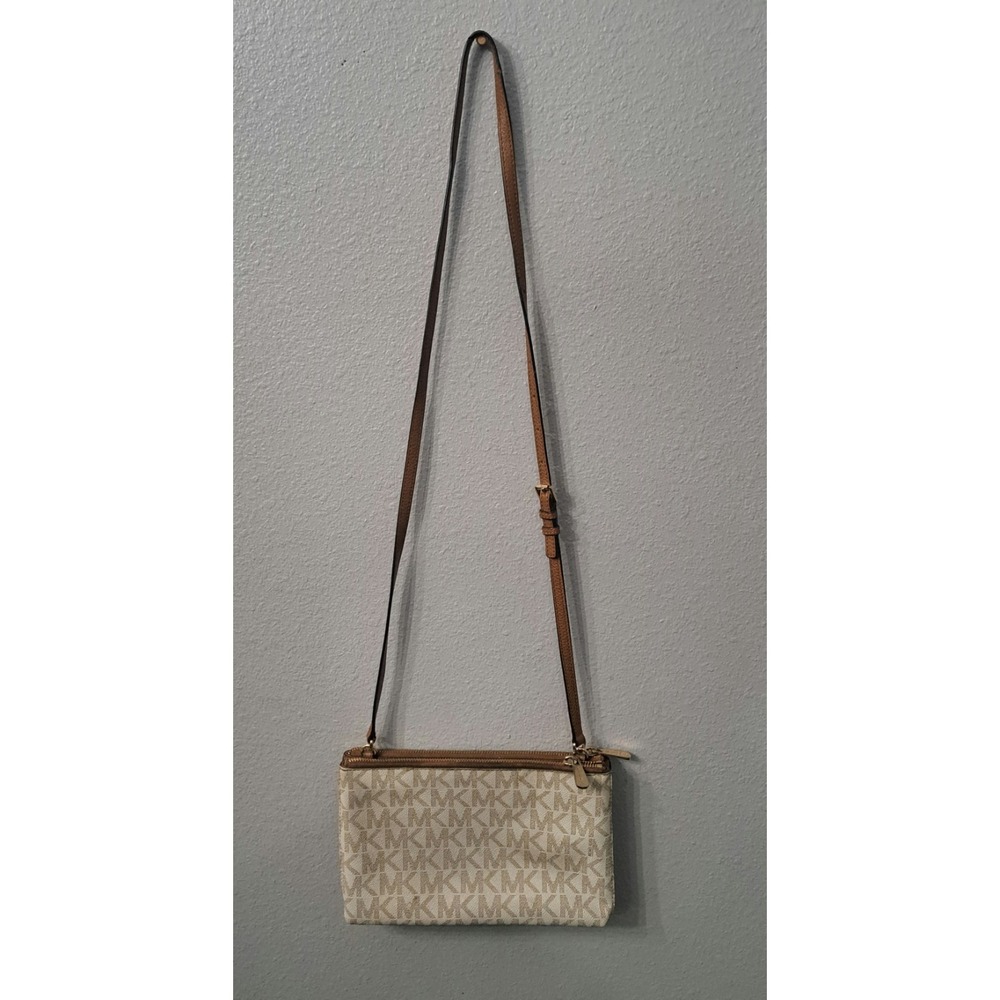 Michael Kors Jet Set Signature MK Large Double Zip Crossbody Brown Tan Leather - Picture 12 of 13